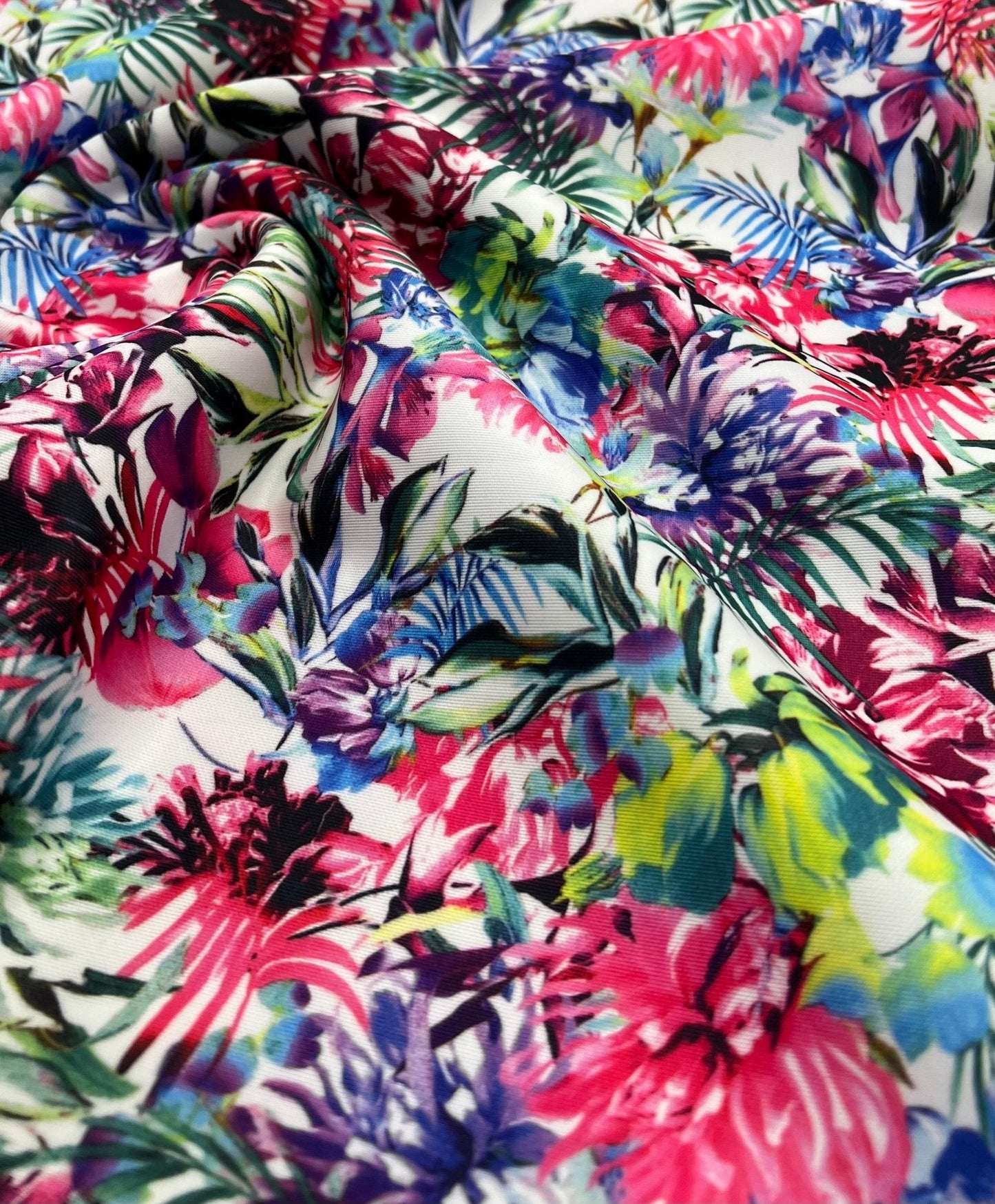 Multi Floral Printed Plain Scuba 4 Way Stretch Jersey Fabric