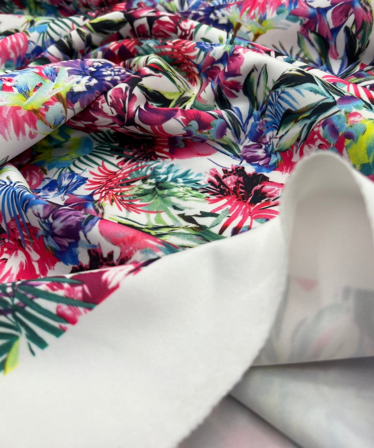 Multi Floral Printed Plain Scuba 4 Way Stretch Jersey Fabric