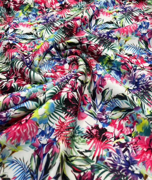 Multi Floral Printed Plain Scuba 4 Way Stretch Jersey Fabric