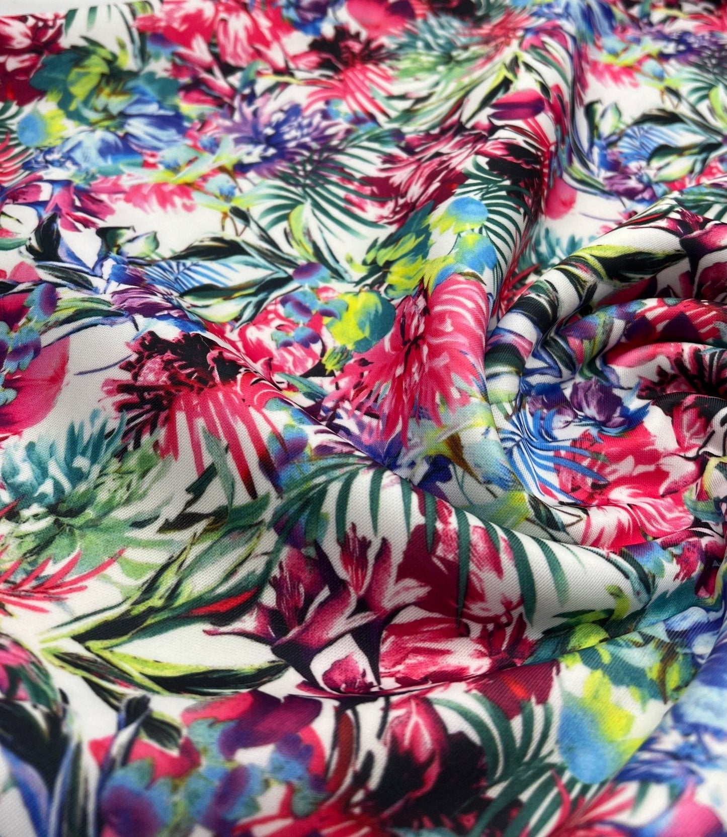 Multi Floral Printed Plain Scuba 4 Way Stretch Jersey Fabric