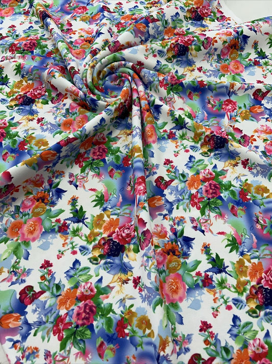 Multi Floral Printed Scuba Crepe Jersey Fabric 4 Way Stretch
