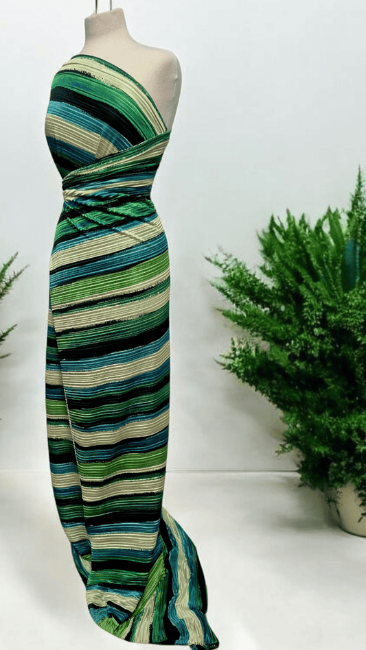 Multi Green Stripe Printed Plisse Pleated Stretch Fabric