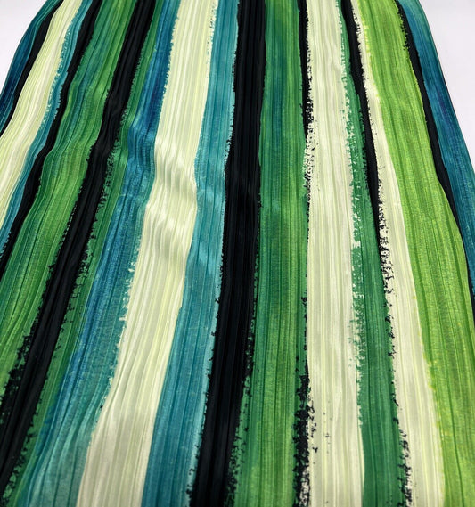 Multi Green Stripe Printed Plisse Pleated Stretch Fabric