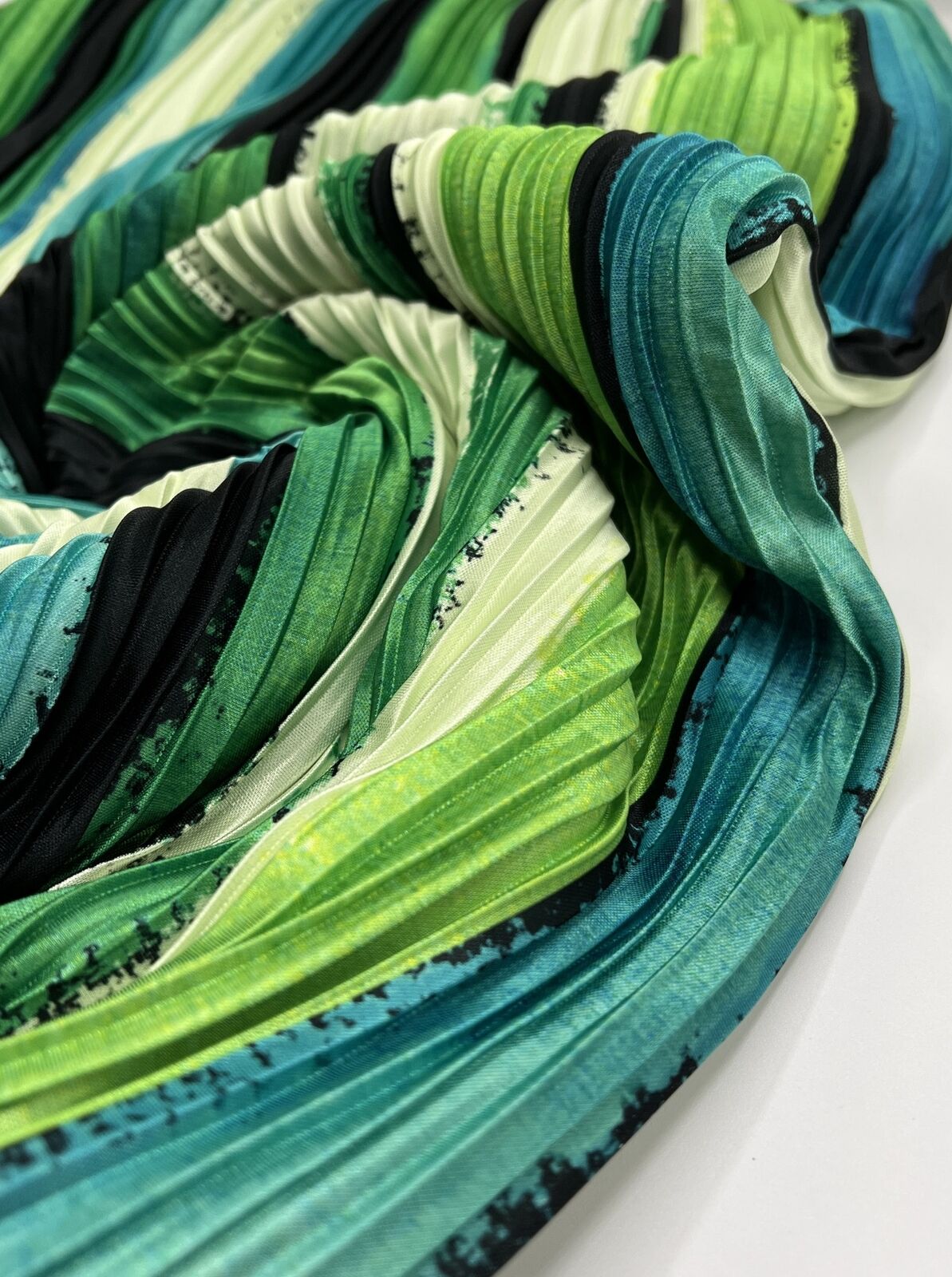 Multi Green Stripe Printed Plisse Pleated Stretch Fabric