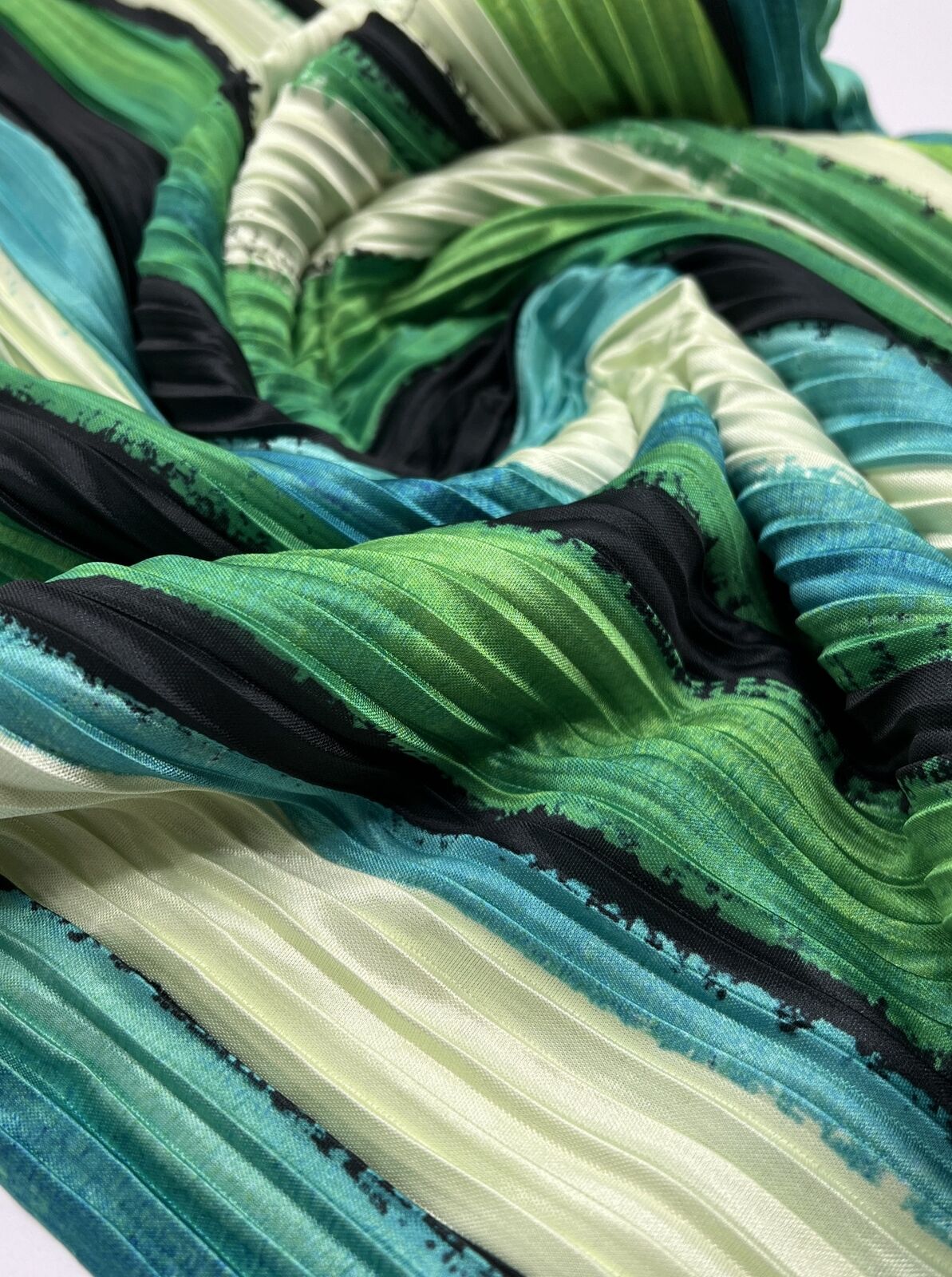 Multi Green Stripe Printed Plisse Pleated Stretch Fabric