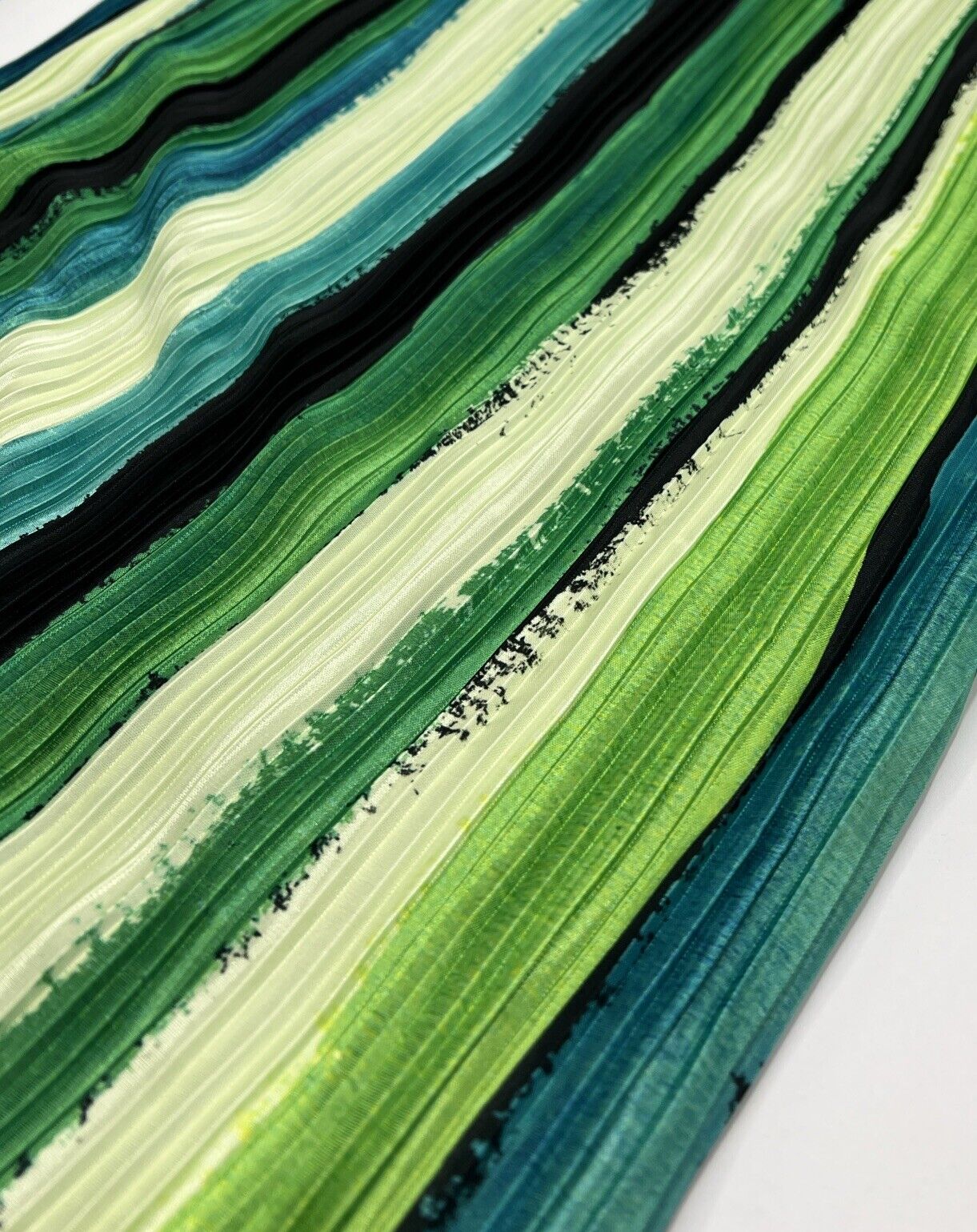 Multi Green Stripe Printed Plisse Pleated Stretch Fabric