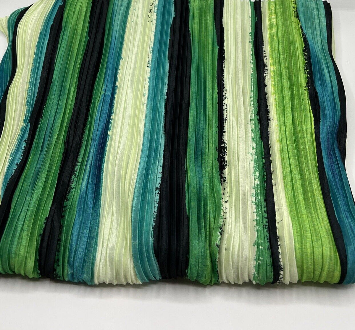 Multi Green Stripe Printed Plisse Pleated Stretch Fabric