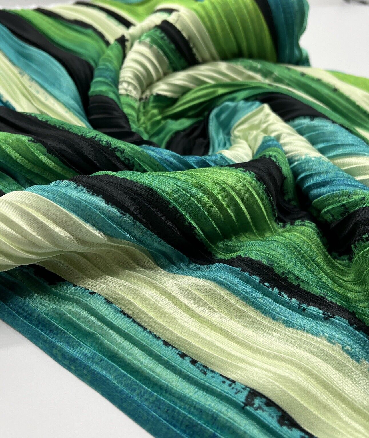 Multi Green Stripe Printed Plisse Pleated Stretch Fabric