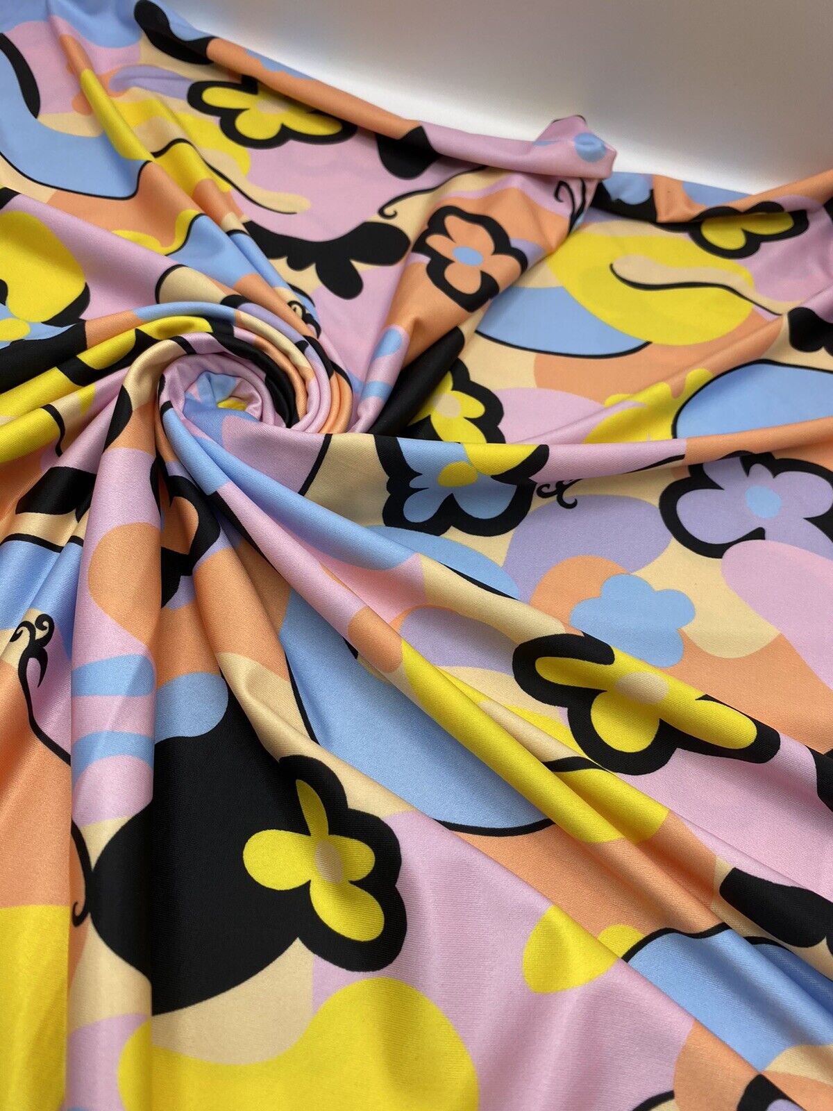 Multi Pastel Funky Retro Print Soft Touch Stretch Fabric