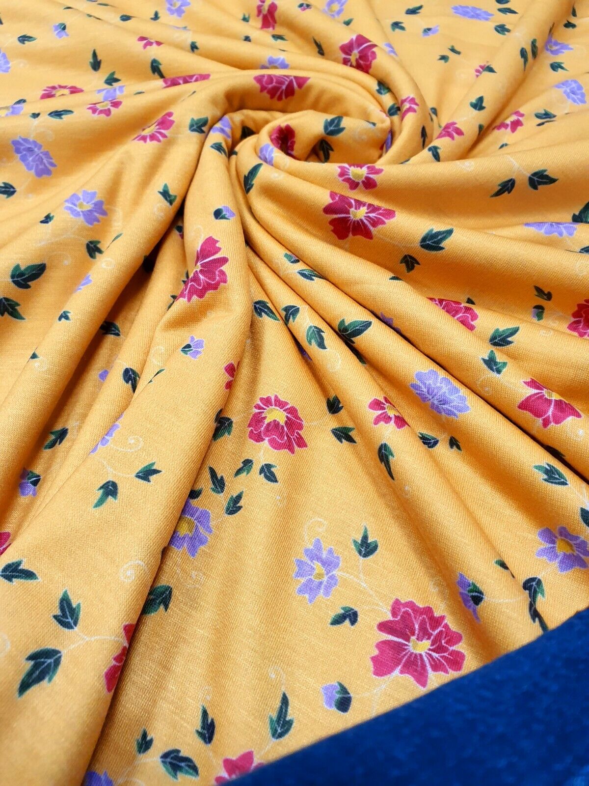 Mustard Floral Print Spun Poly Stretch Fabric