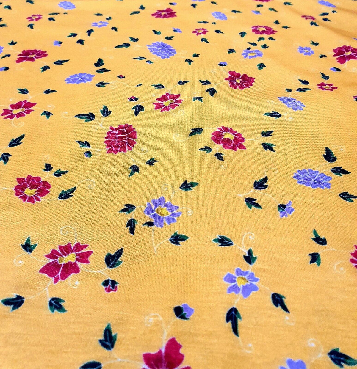 Mustard Floral Print Spun Poly Stretch Fabric