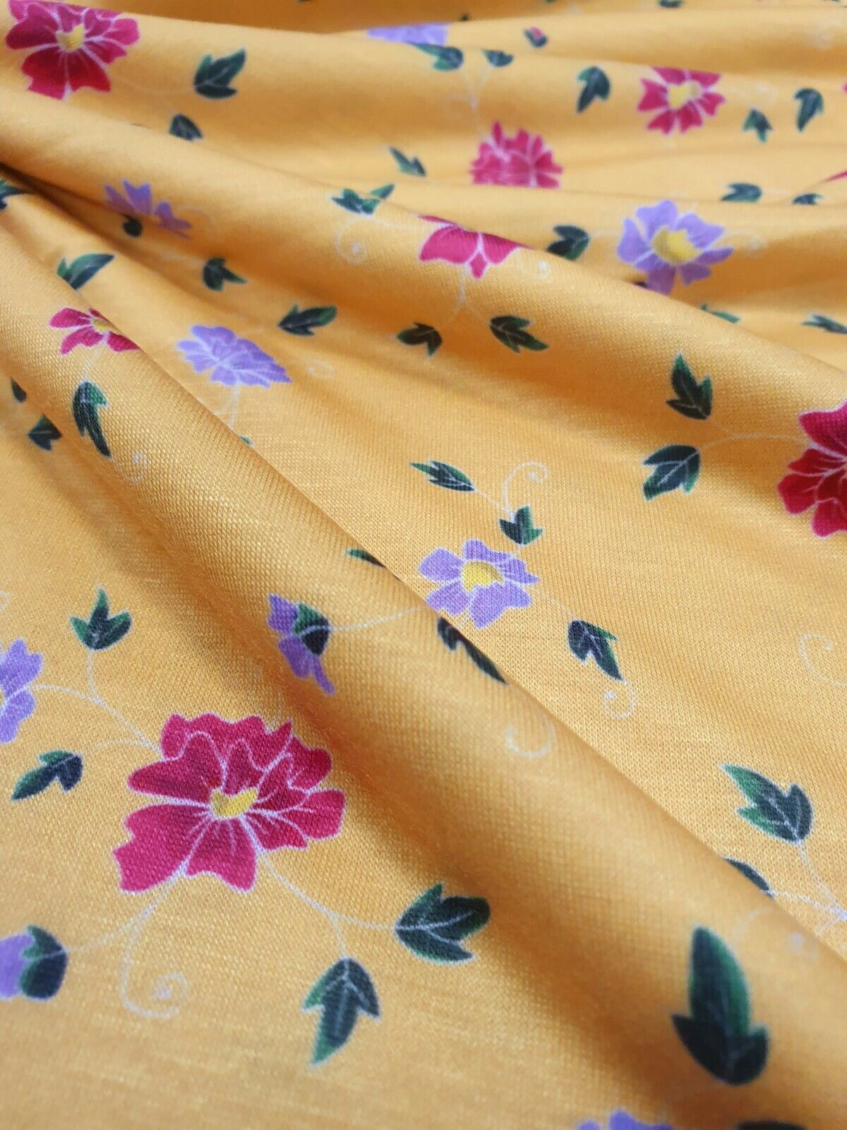 Mustard Floral Print Spun Poly Stretch Fabric