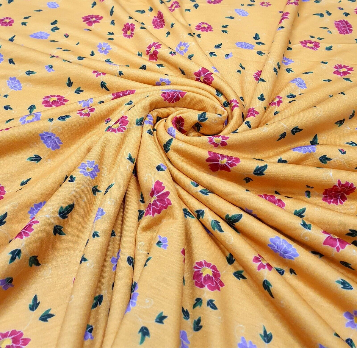 Mustard Floral Print Spun Poly Stretch Fabric