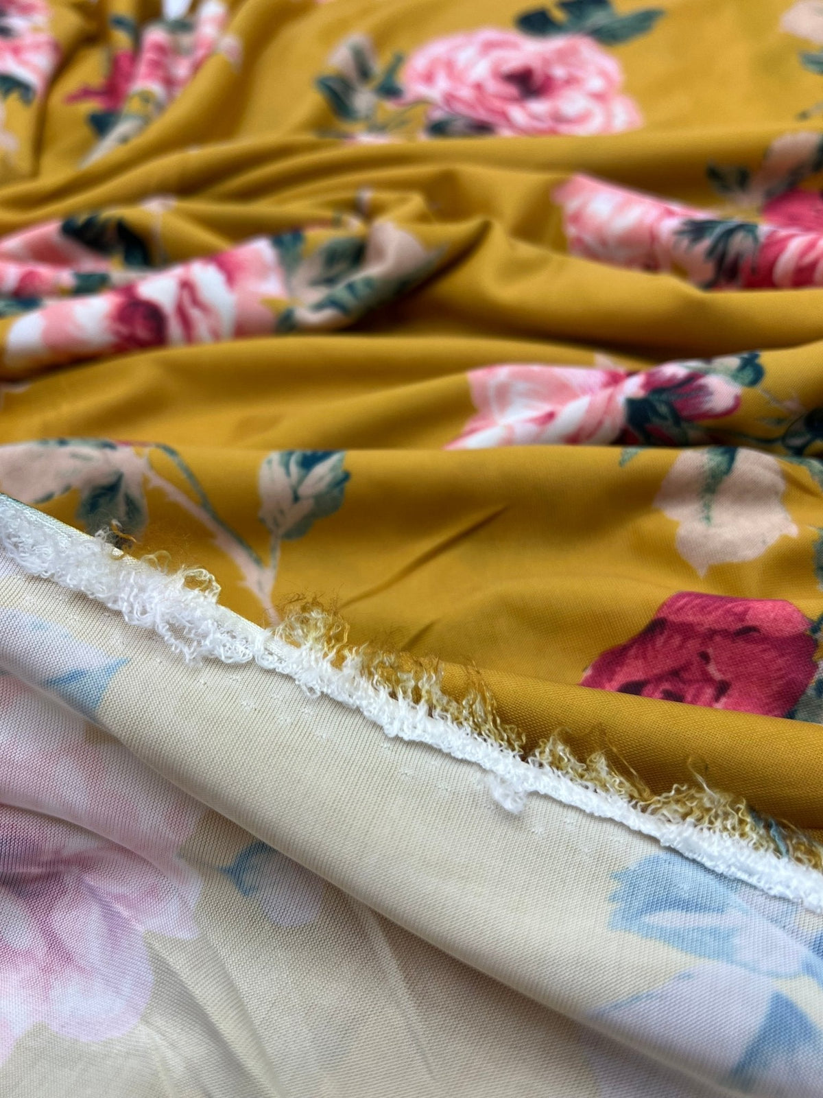 Mustard Yellow Floral Print Soft Touch 4 Way Stretch Fabric