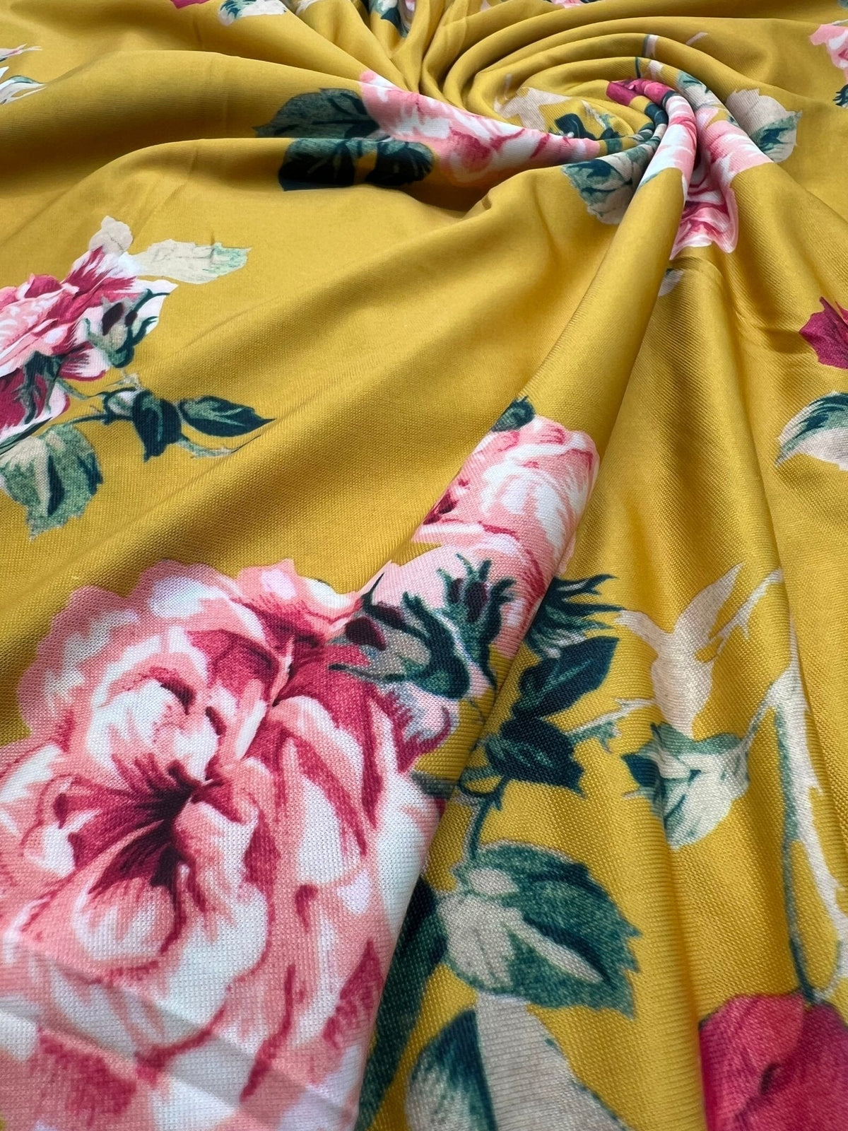 Mustard Yellow Floral Print Soft Touch 4 Way Stretch Fabric