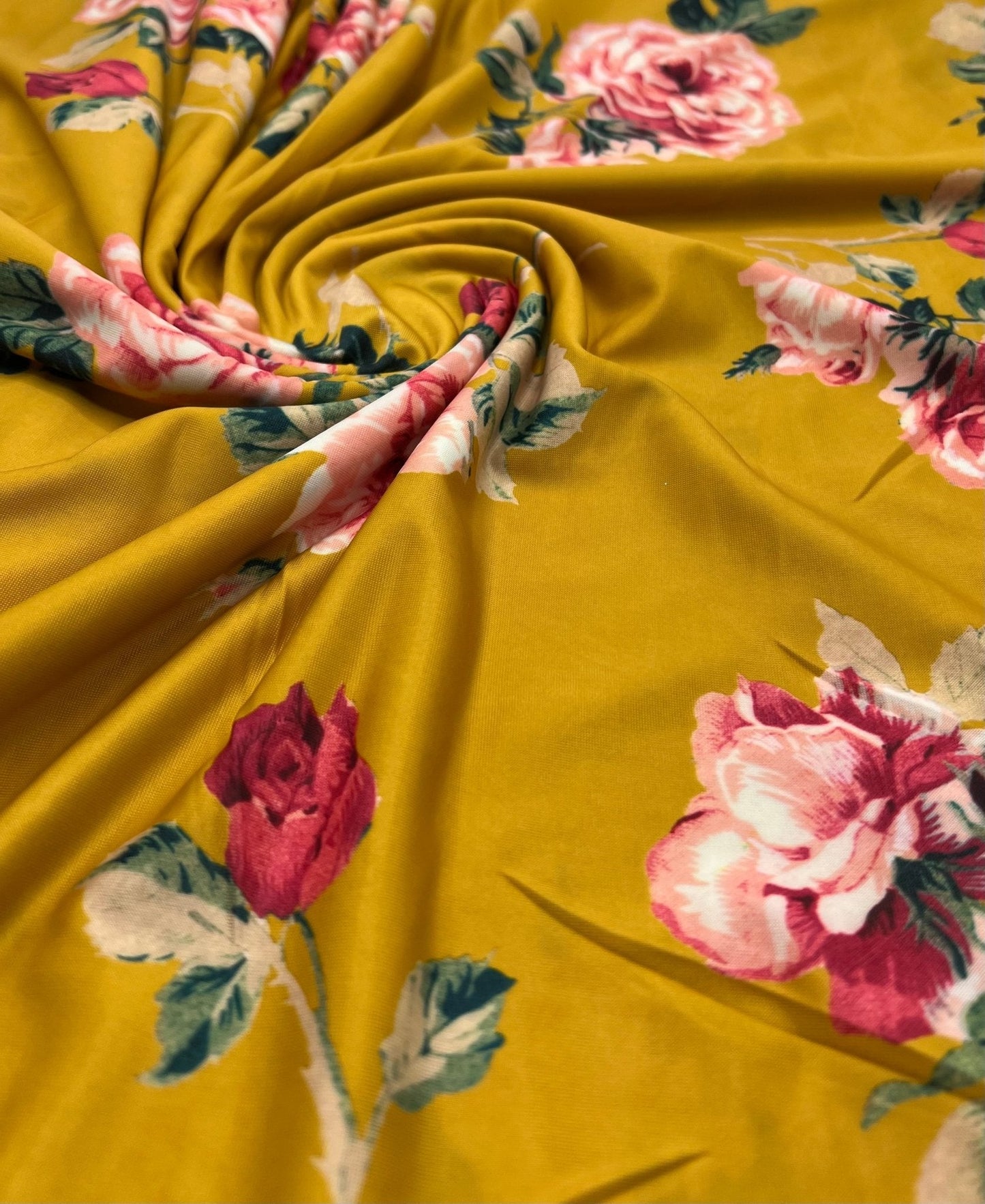 Mustard Yellow Floral Print Soft Touch 4 Way Stretch Fabric