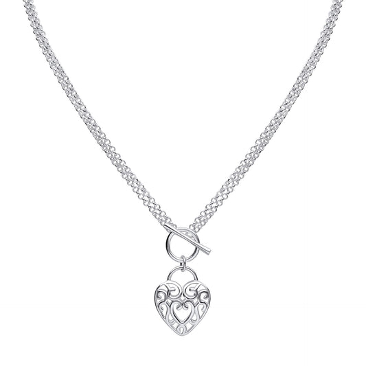 Beginnings Large Filigree Heart Double Chain T-Bar Necklace