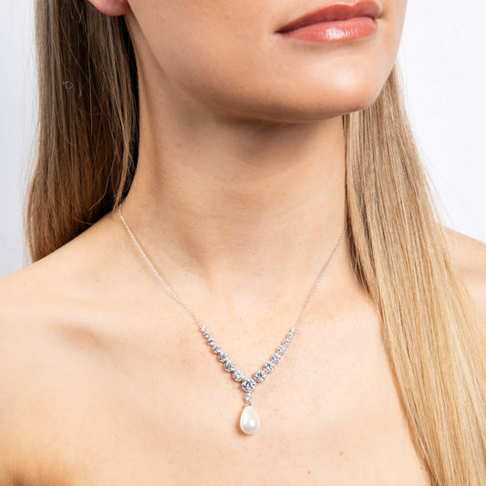 Diamonfire Statement Zirconia Lined Necklace with Shell Pearl Drop