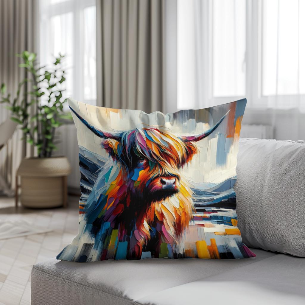 Vibrant Highland Cow Abstract Cotton Cushion