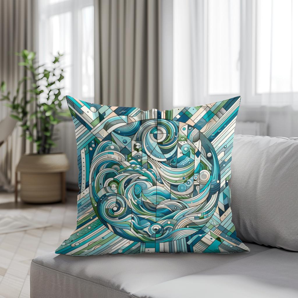 Aquatic Harmony Geometric Dance Cotton Cushion