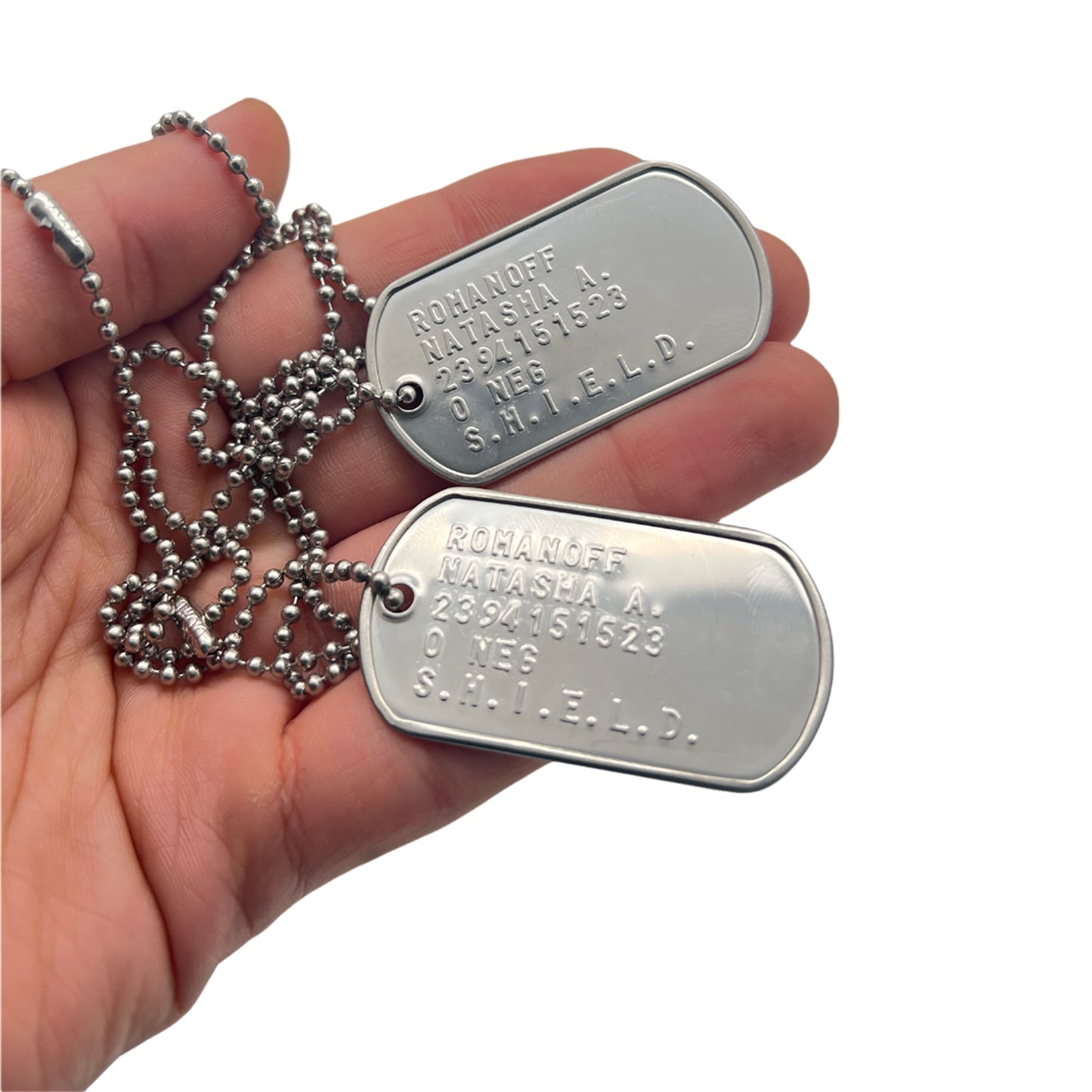 Natasha Romanoff 'BLACK WIDOW' Military Dog Tags - Costume Cosplay Prop Replica- Stainless Steel Chains Included