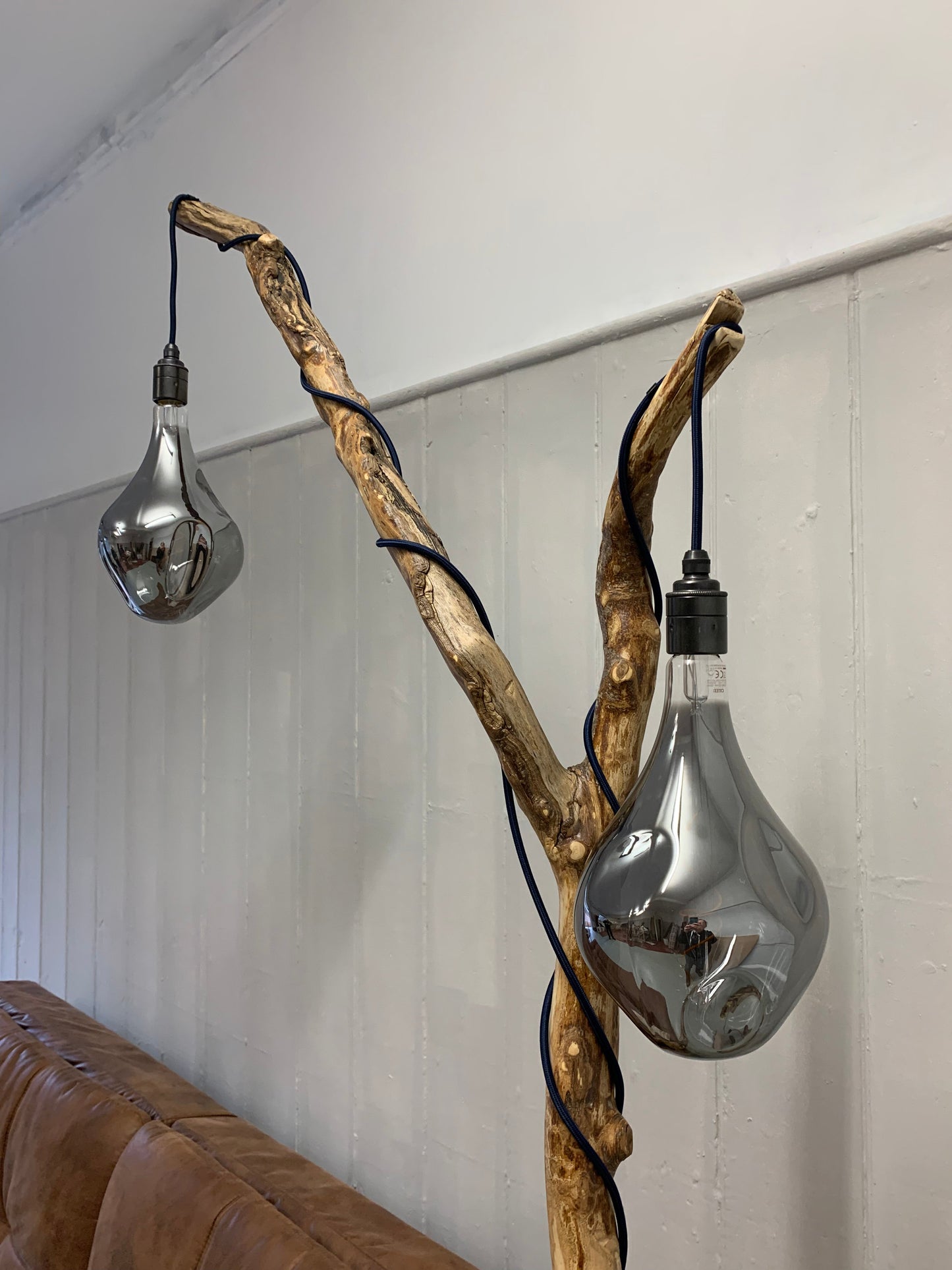 Charlotte – Double-Bulb Branch Floor Lamp with Reclaimed Timber Base