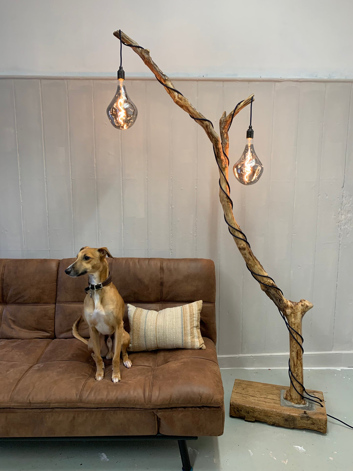 Charlotte – Double-Bulb Branch Floor Lamp with Reclaimed Timber Base