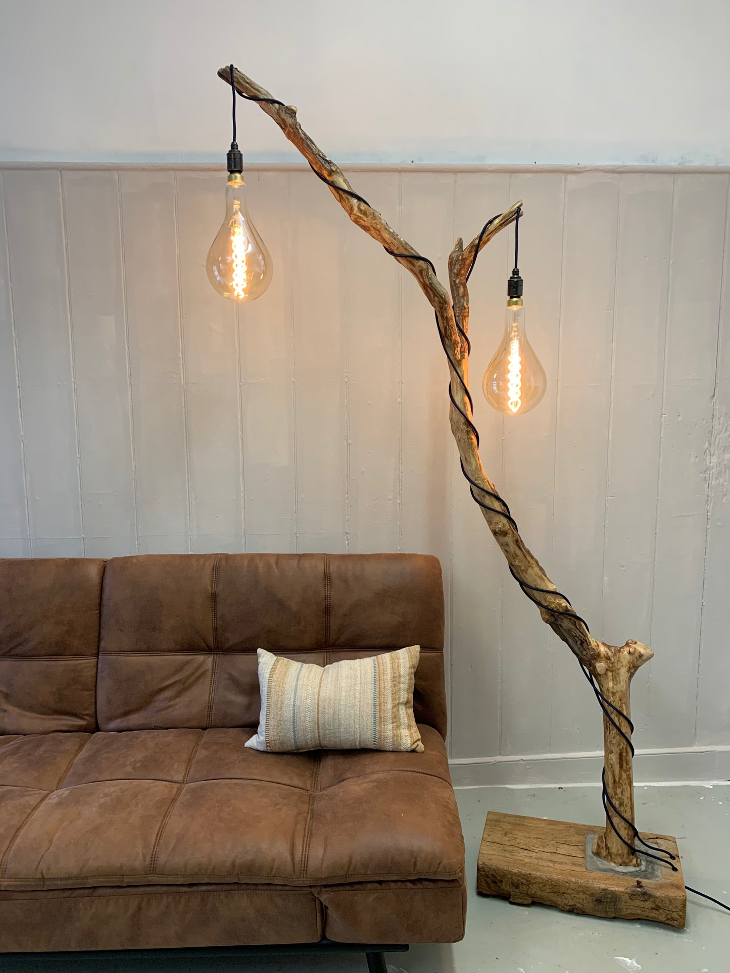 Charlotte – Double-Bulb Branch Floor Lamp with Reclaimed Timber Base