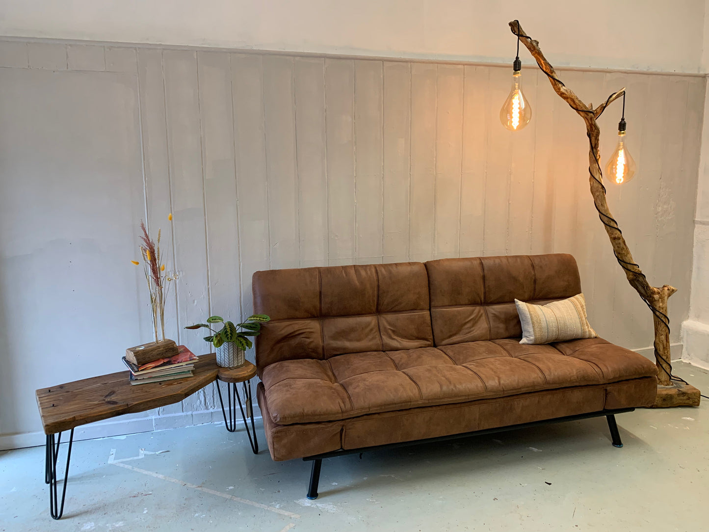 Charlotte – Double-Bulb Branch Floor Lamp with Reclaimed Timber Base