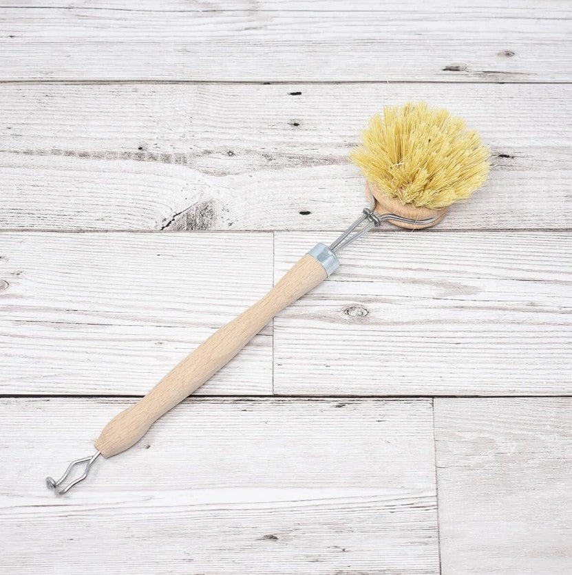 Natural Bristle Wooden Plastic Free Scrubbing Brush For Dishes, Eco Vegan Scrubber