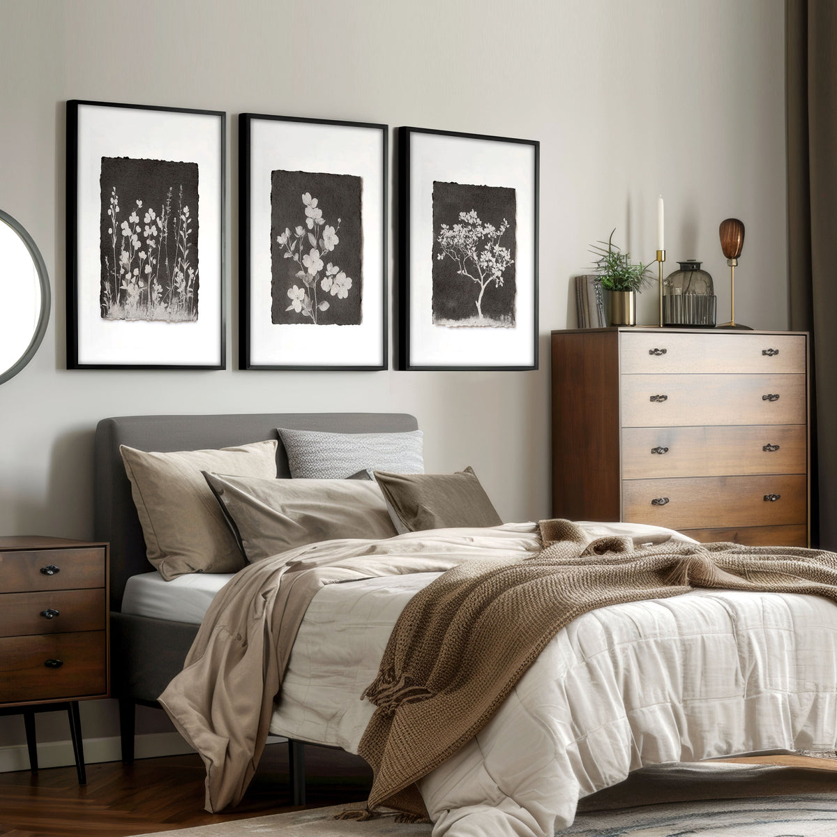 Nature Art Dark Botanical Wildflowers & Blossom Wall Art Prints | Set of 3
