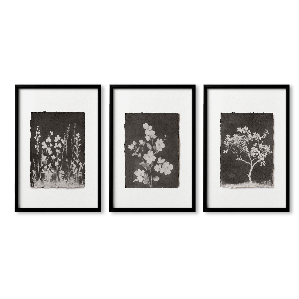 Nature Art Dark Botanical Wildflowers & Blossom Wall Art Prints | Set of 3