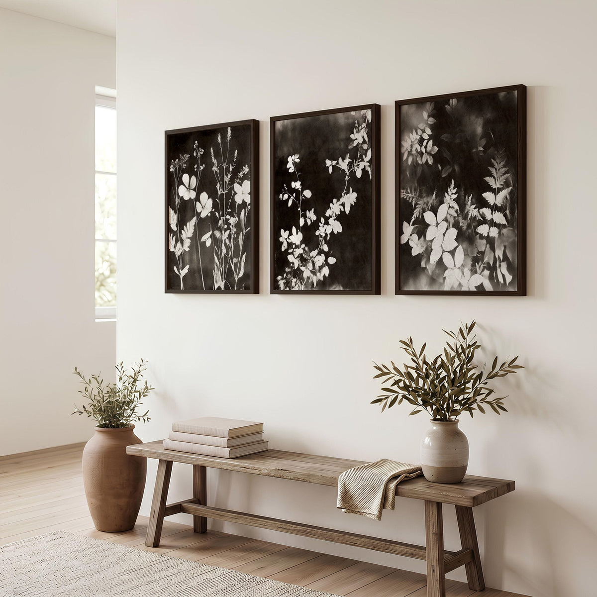 Nature Landscape Art Dark Botanical Wildflowers & Leaves Mink Wall Art Prints | Set of 3