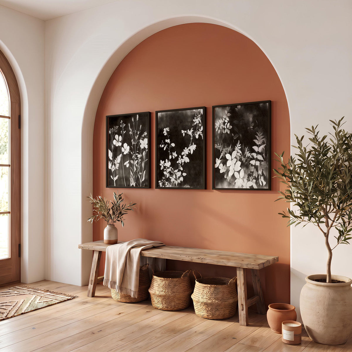 Nature Landscape Art Dark Botanical Wildflowers & Leaves Mink Wall Art Prints | Set of 3
