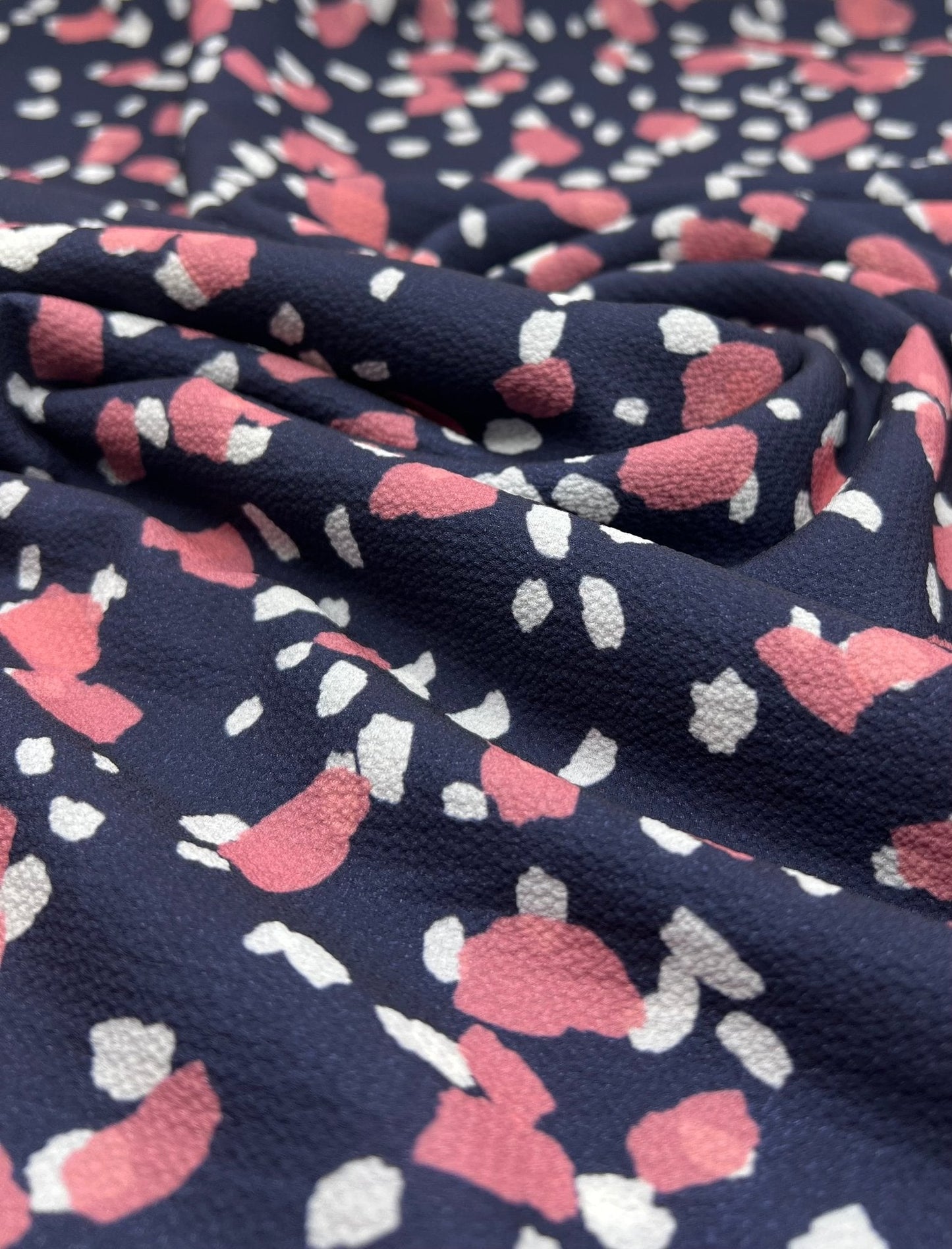 Navy Animal Print Lightweight Bubble Crepe Fabric