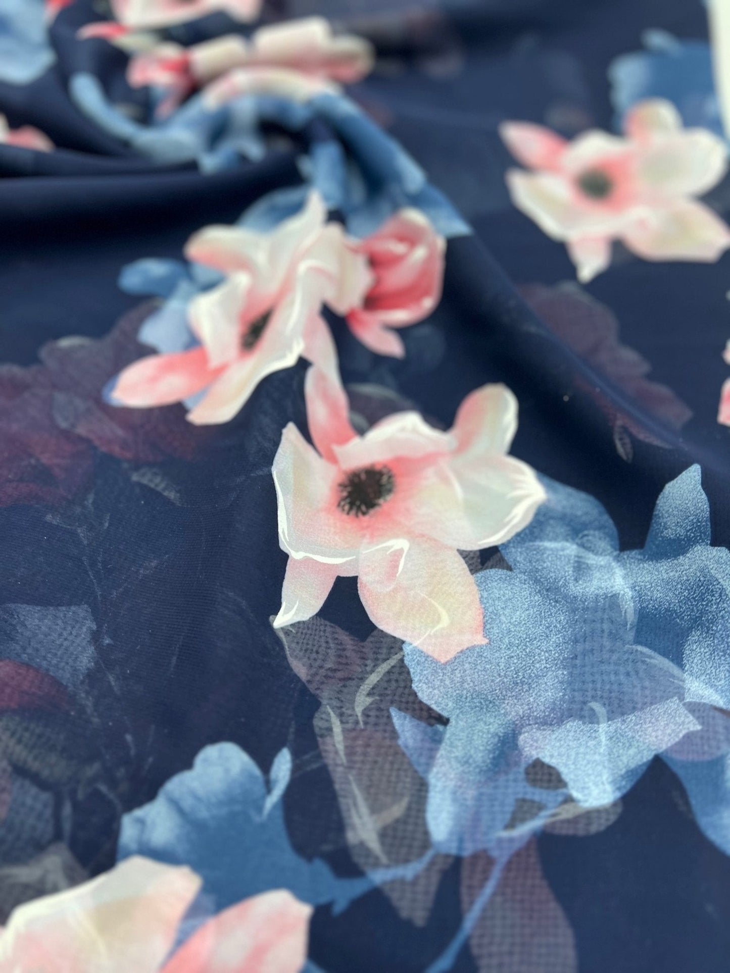 Navy Blooms Floral Printed Chiffon Dress Fabric