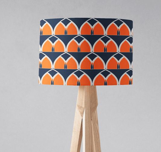 Navy Blue and Orange Drum Lampshade, Retro Geometric Arches Design Shade for Table, Floor or Ceiling Pendant Light