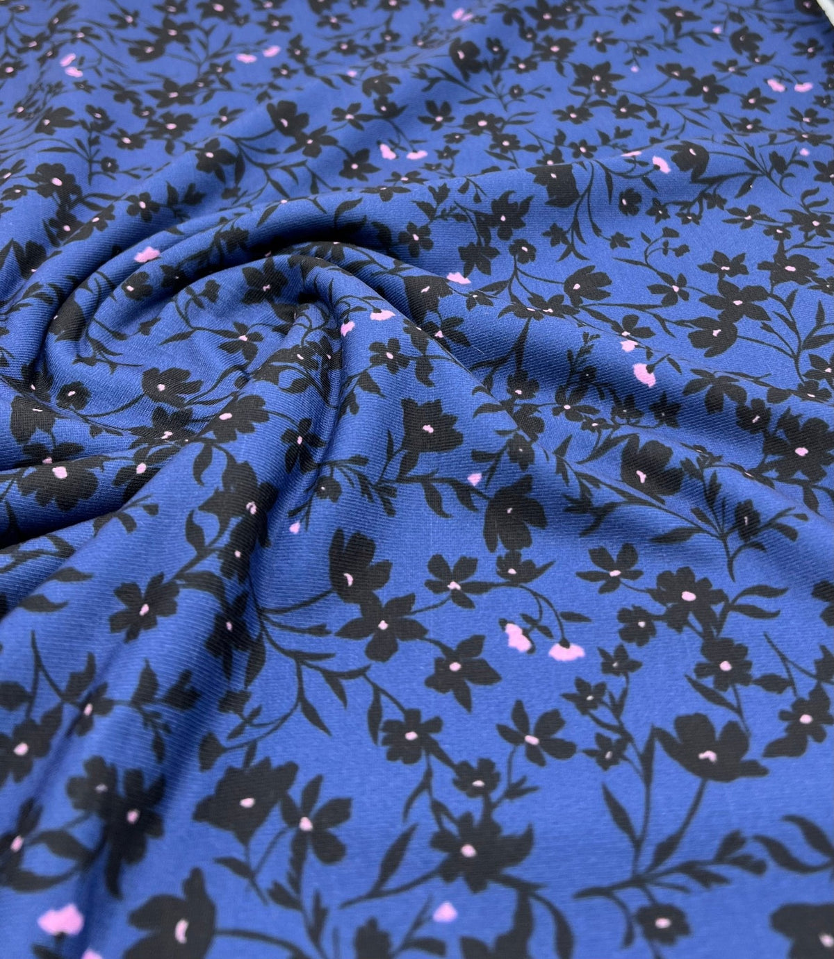 Navy Blue Ditsy Floral Print Viscose Elastane 4 Way Stretch Fabric