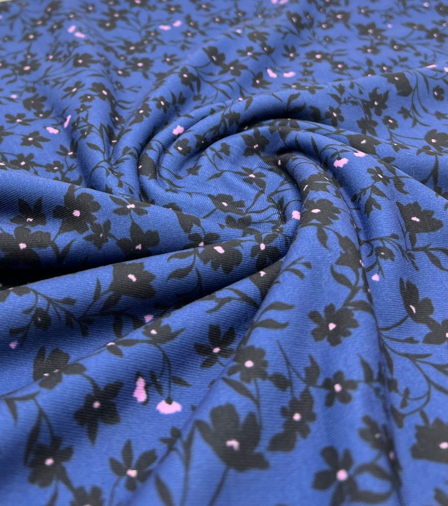 Navy Blue Ditsy Floral Print Viscose Elastane 4 Way Stretch Fabric