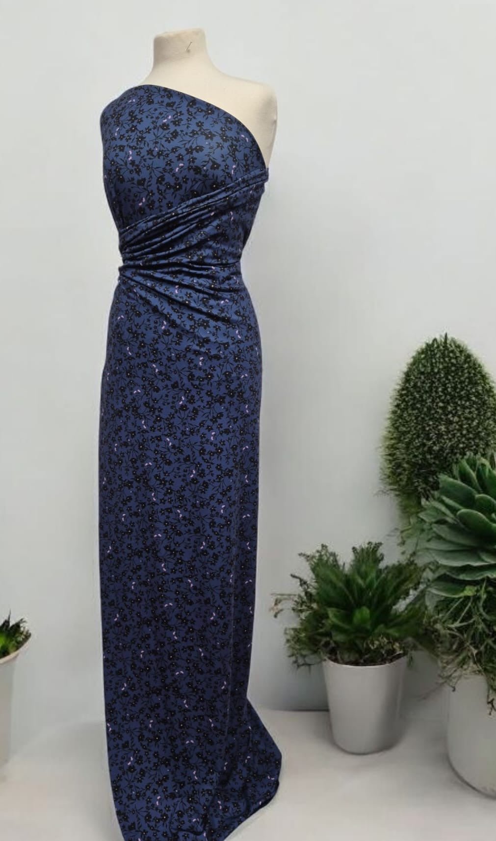 Navy Blue Ditsy Floral Print Viscose Elastane 4 Way Stretch Fabric