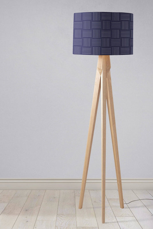 Navy Blue Drum Lampshade, White Geometric Line Design Shade for Table, Floor or Ceiling Pendant Light