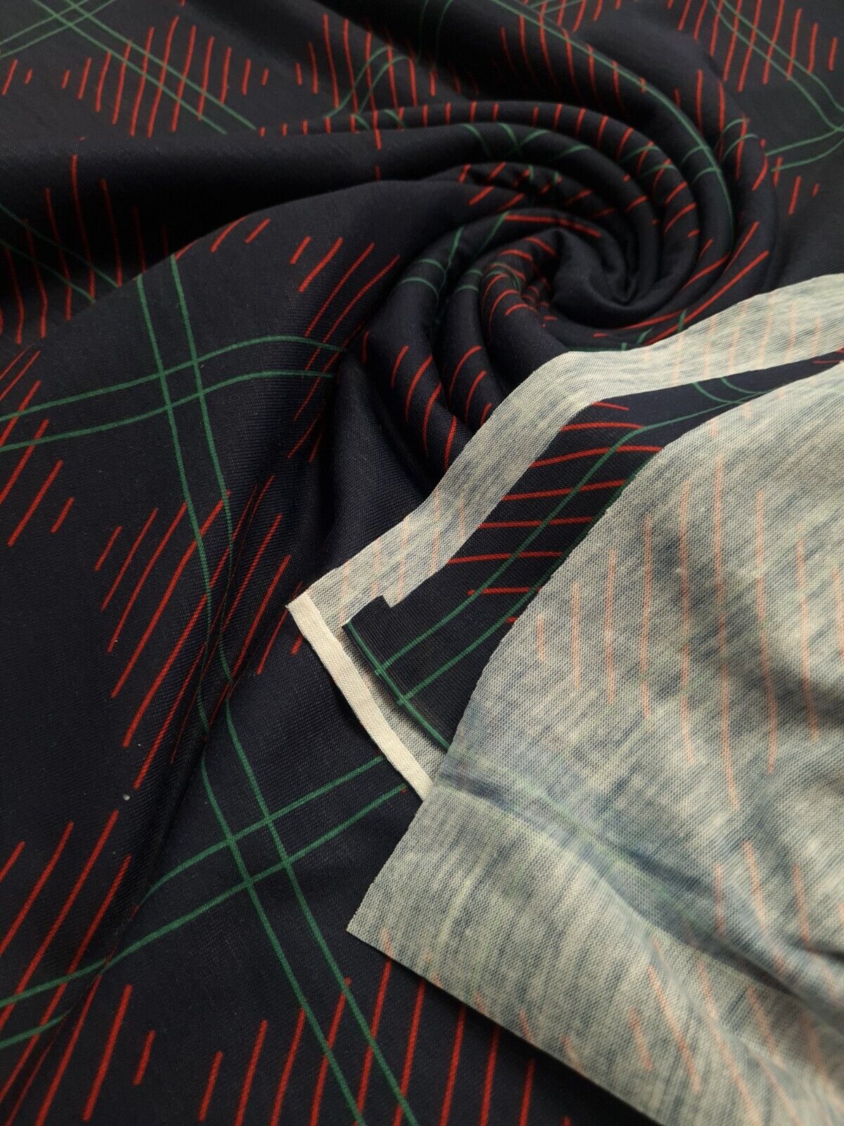Navy Checkered Detail Print Spun Poly Stretch Fabric