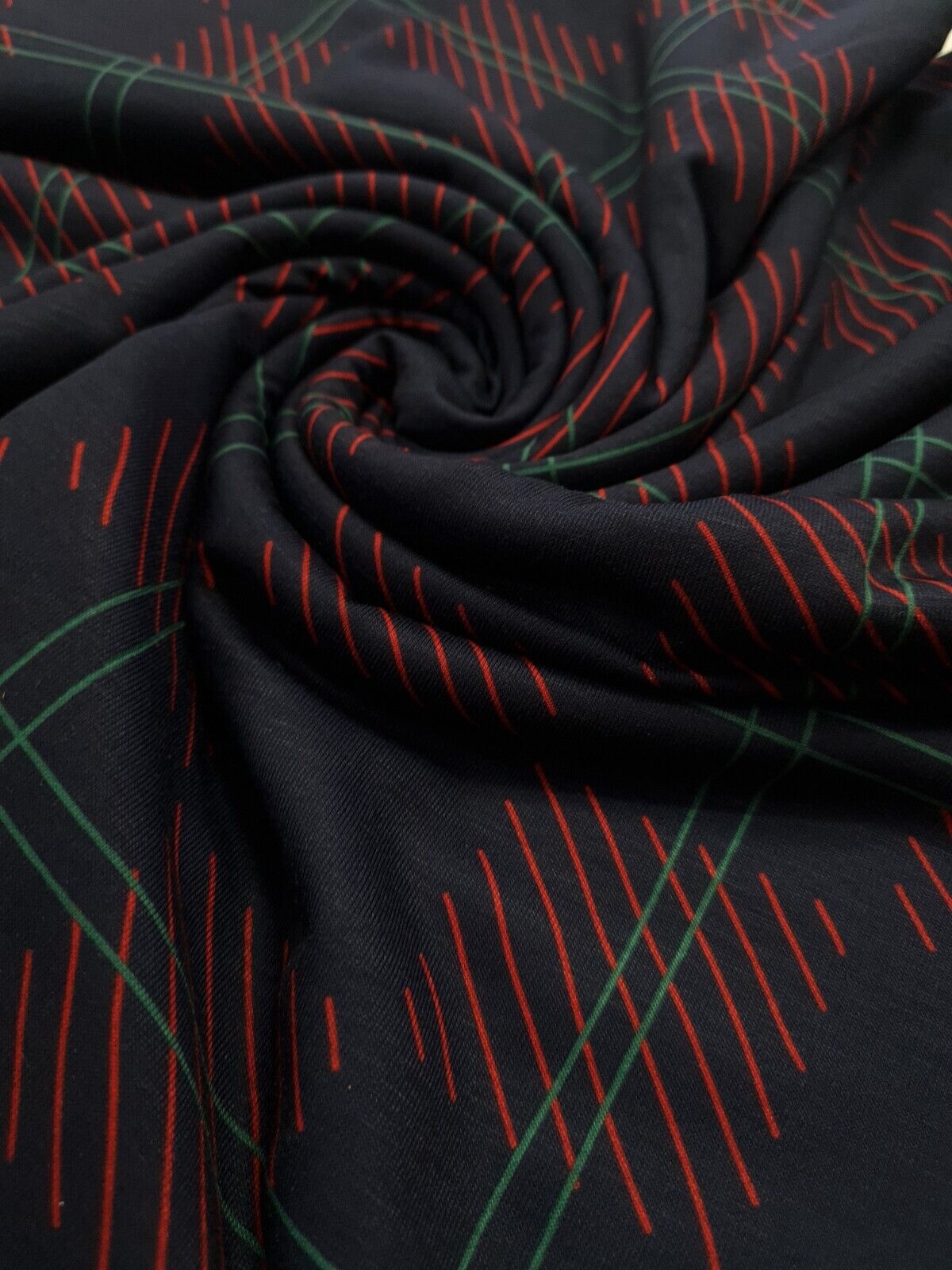 Navy Checkered Detail Print Spun Poly Stretch Fabric