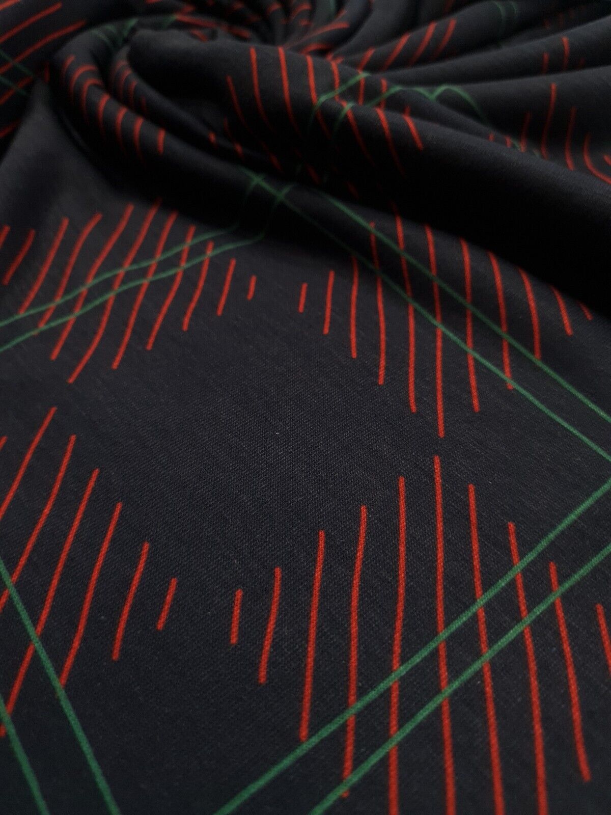 Navy Checkered Detail Print Spun Poly Stretch Fabric