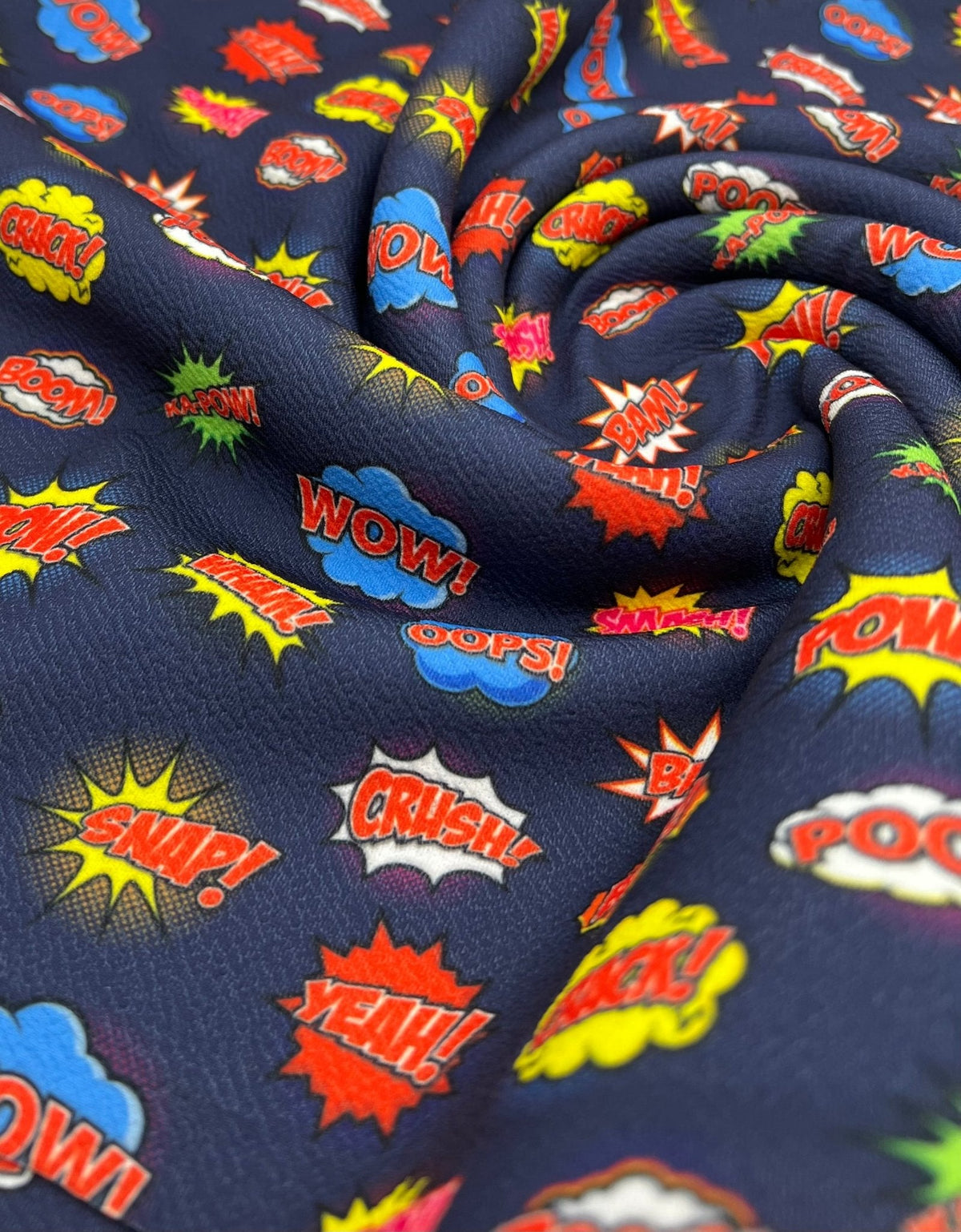 Navy Comic Print Liverpool Bullet Stretch Fabric