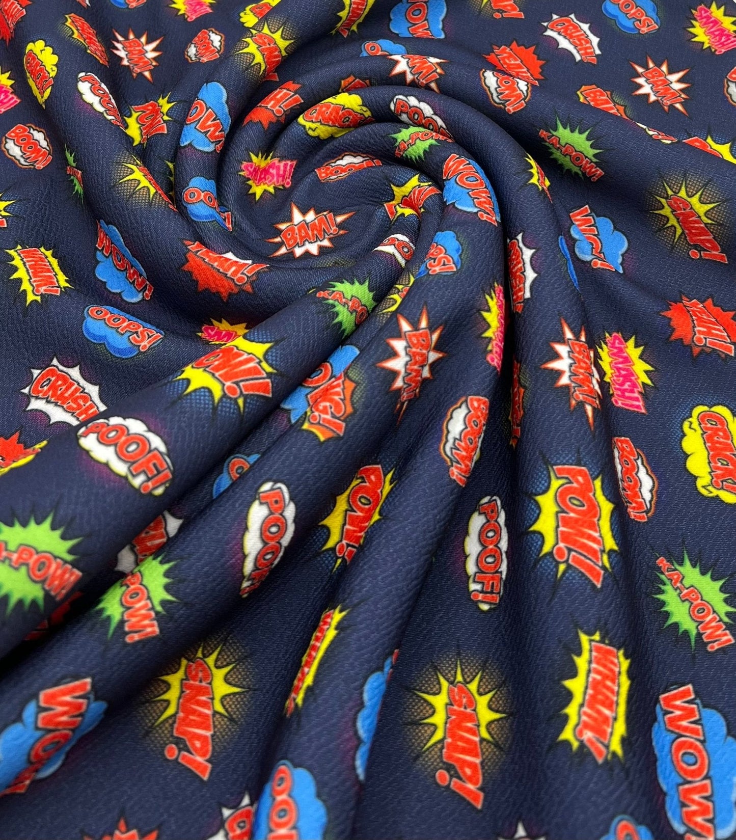Navy Comic Print Liverpool Bullet Stretch Fabric