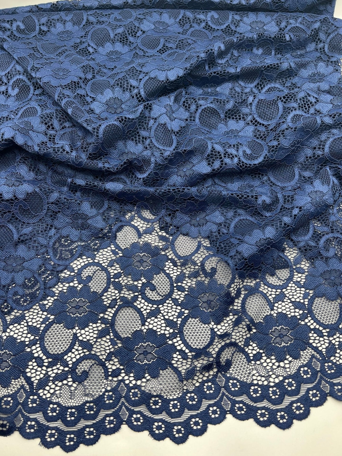 Navy Flower Scalloped Edge Floral Lace Fabric Stretch