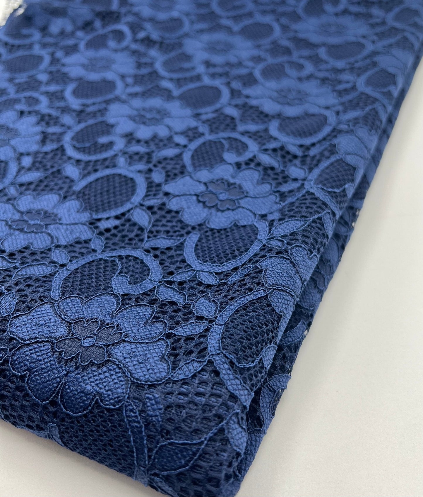 Navy Flower Scalloped Edge Floral Lace Fabric Stretch