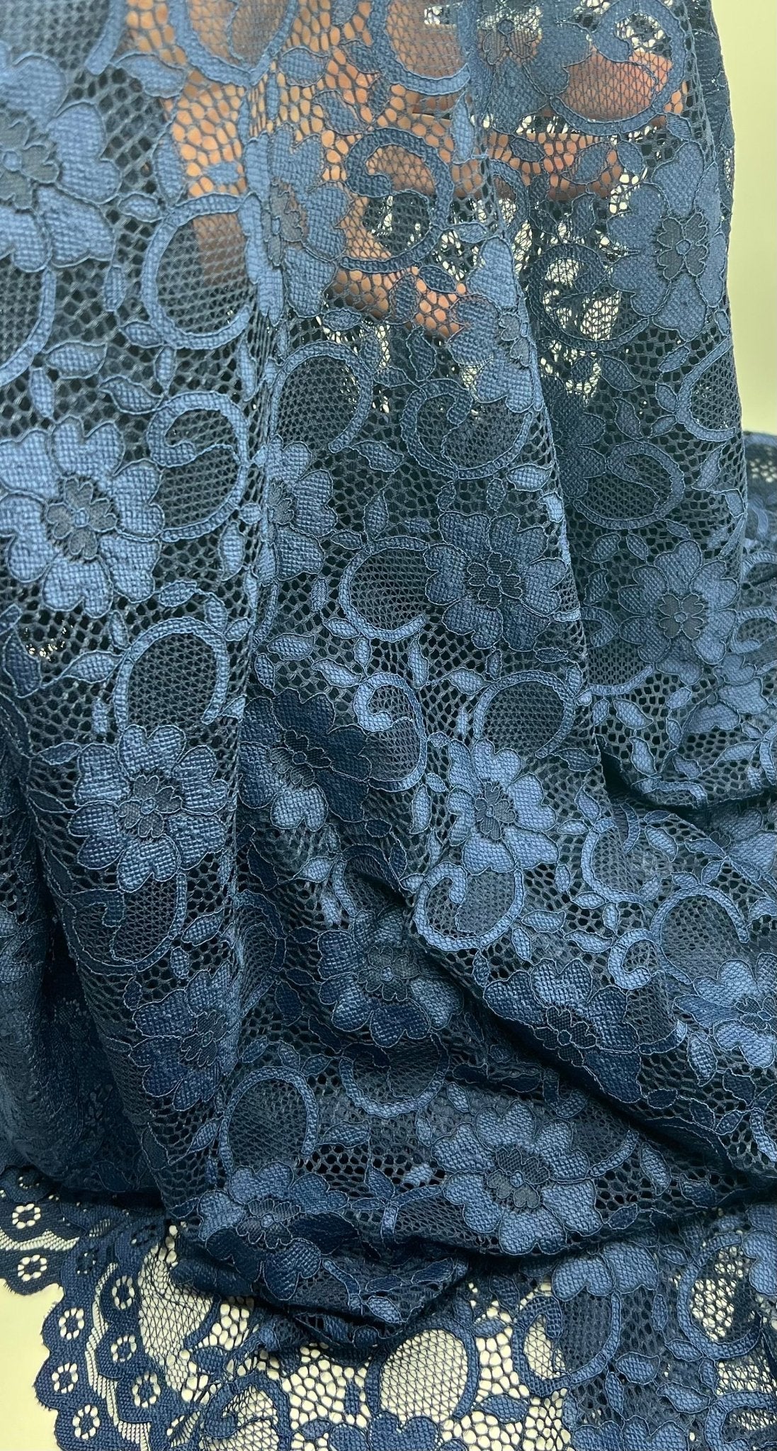 Navy Flower Scalloped Edge Floral Lace Fabric Stretch