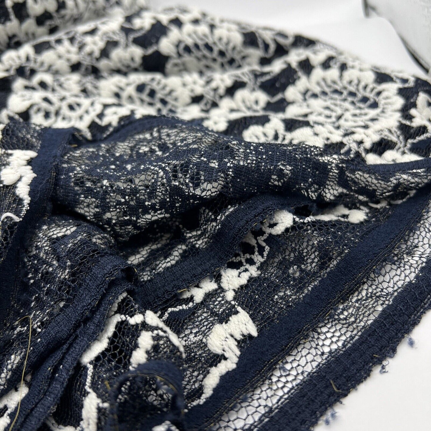 Navy Ivory Floral Textured Lace Fabric Stretch